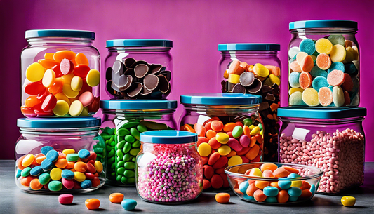 Different candies in many colors stored on shelves