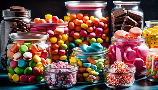 Different types of candies stored in multiple glass jars.